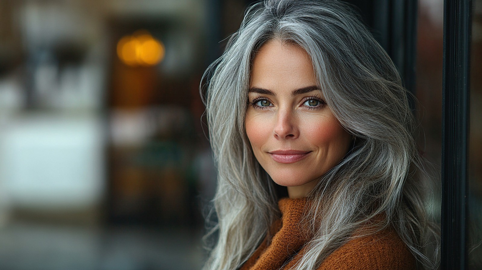 Woman with silver hair smiling softly, representing healthy aging